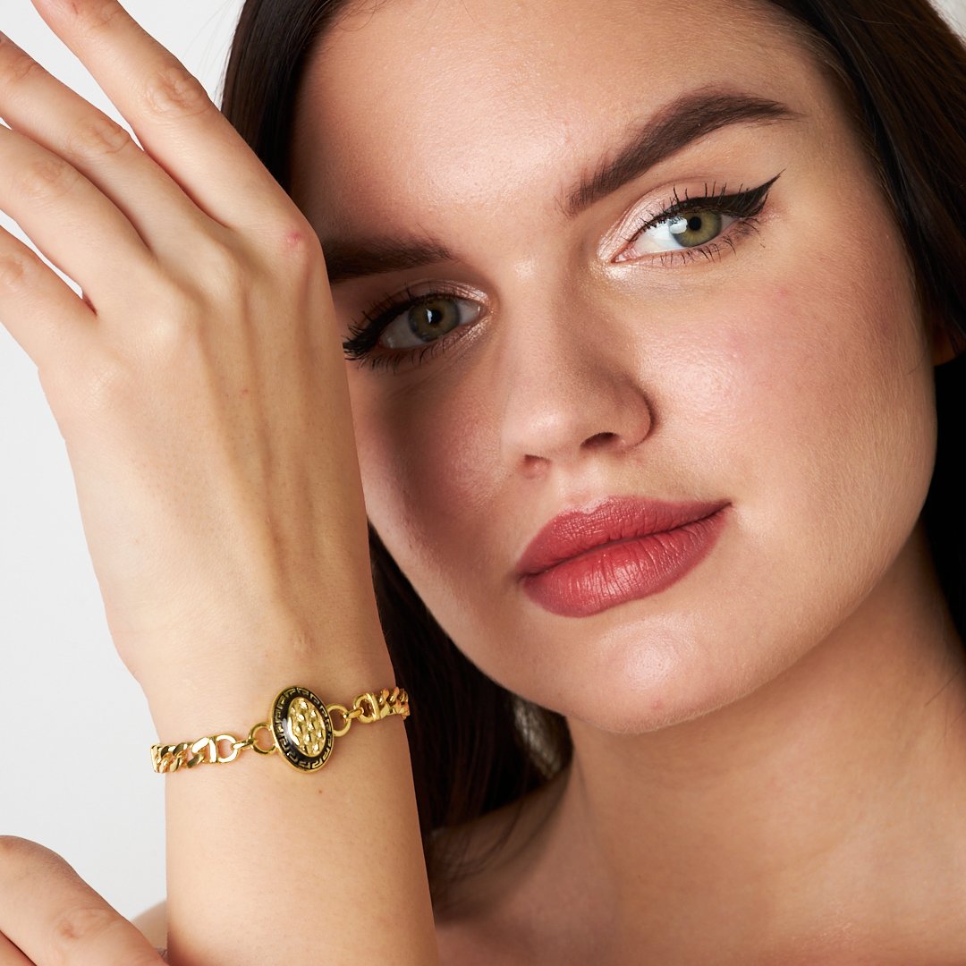 Black Oval Model with Double Chain Bracelet - 925 SILVER