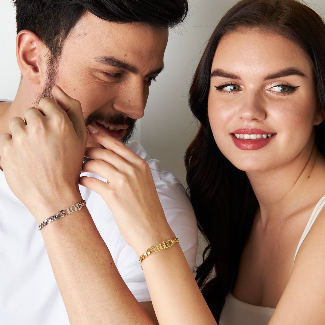 Cuban Chain Name Bracelet Set - 925 SILVER