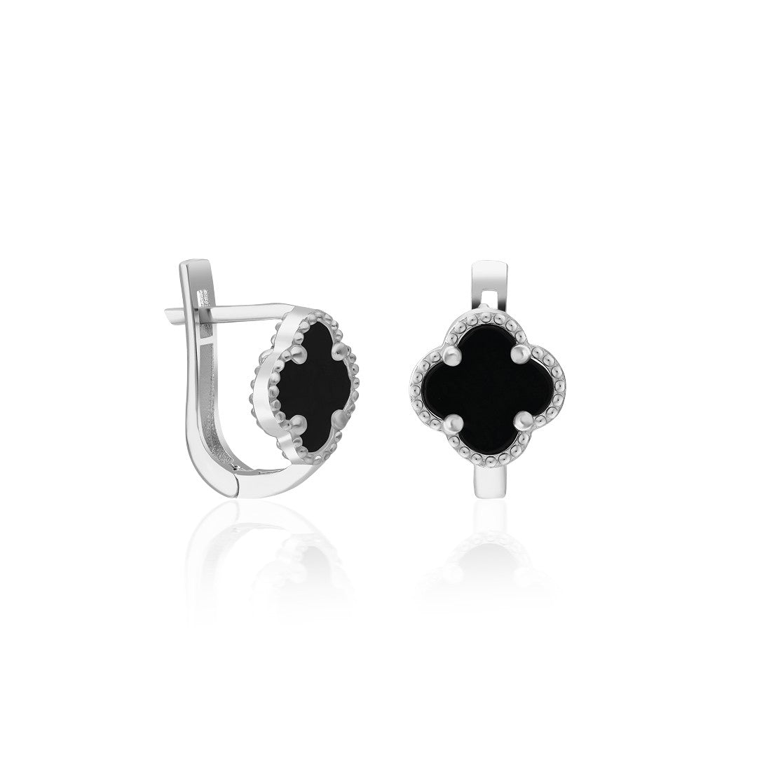 Black Stone Clover Leaf Earrings - 925 SILVER