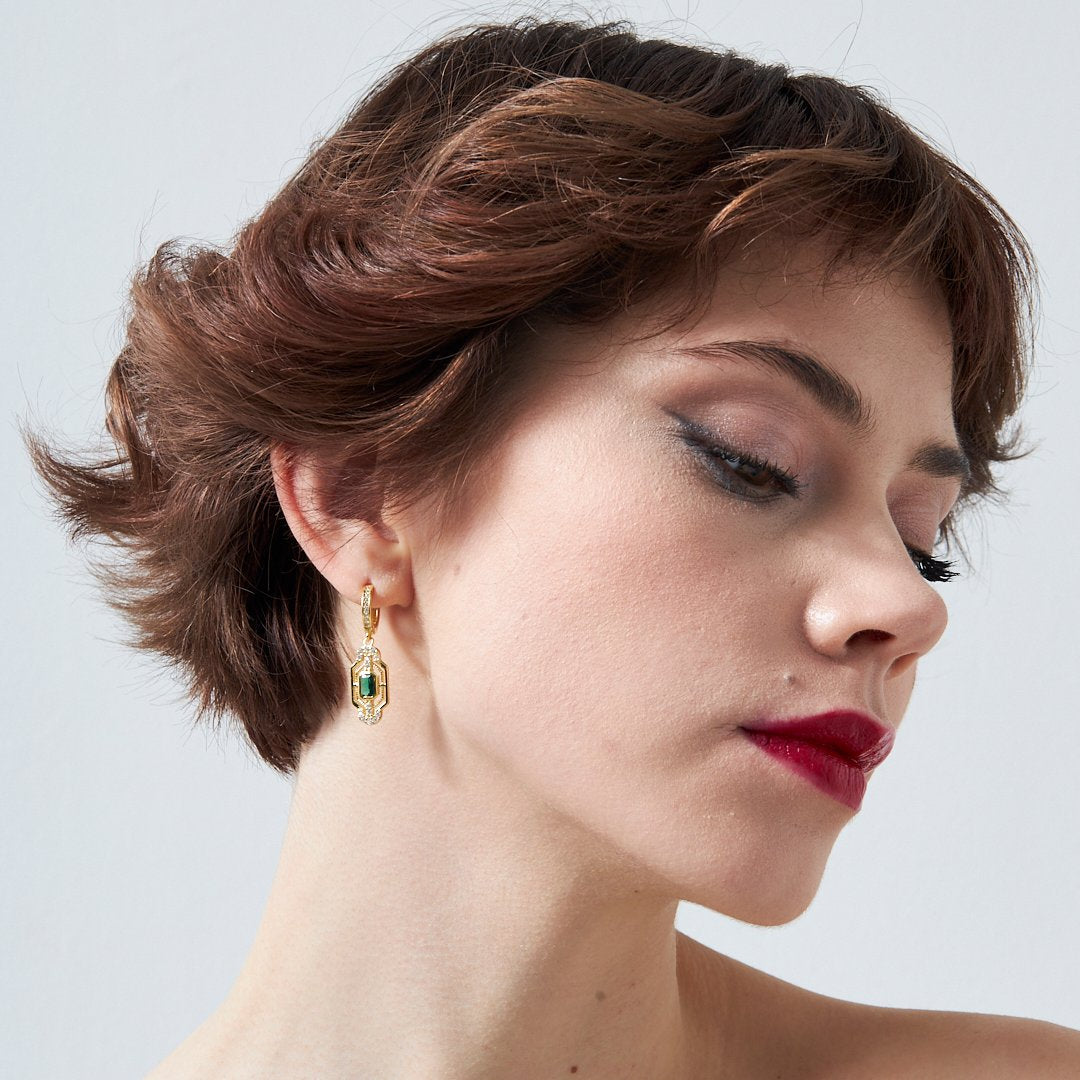 Green Baguette Stone Earrings - 925 Silver