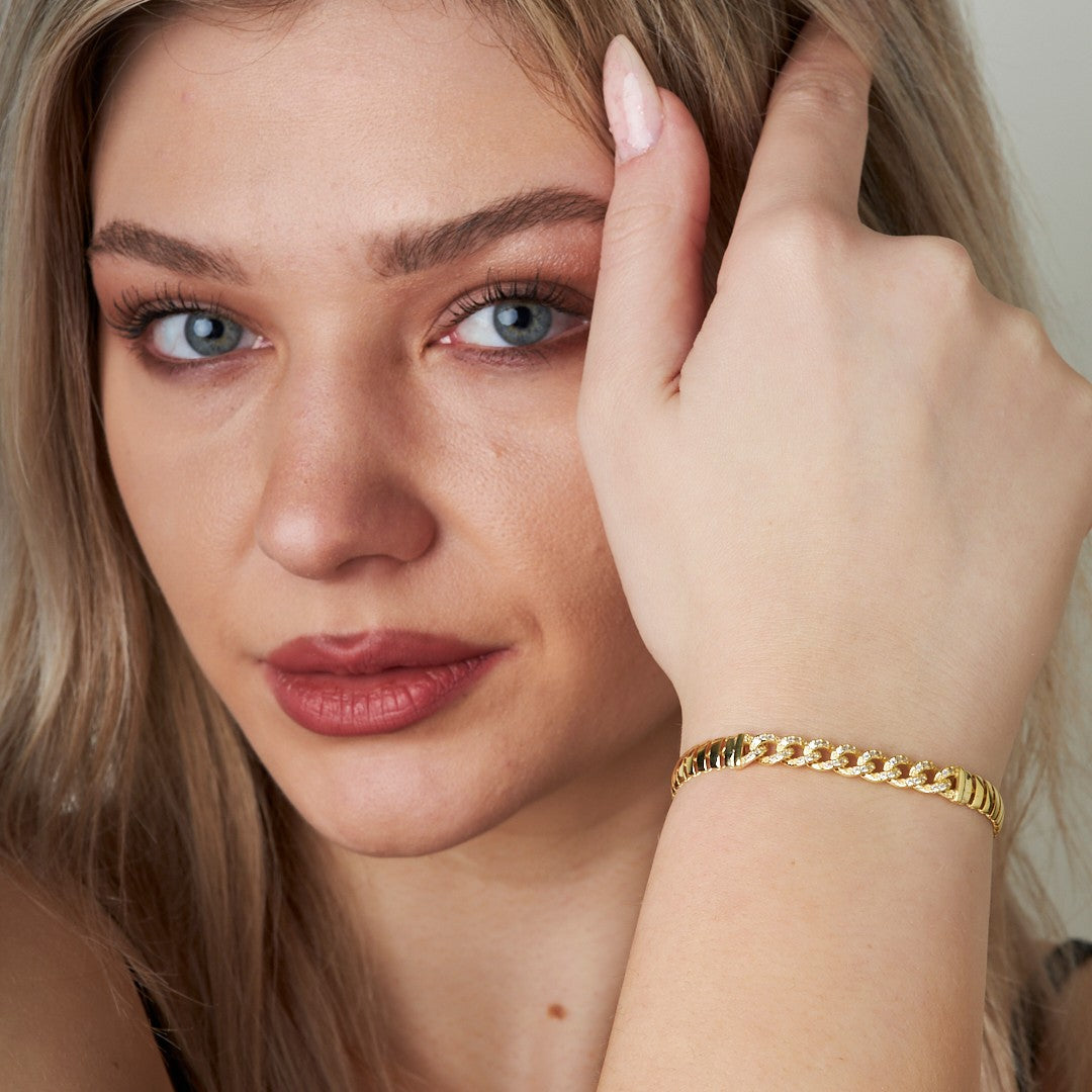 Herringbone Chain and Stone Gourmet Bracelet - 925 SILVER