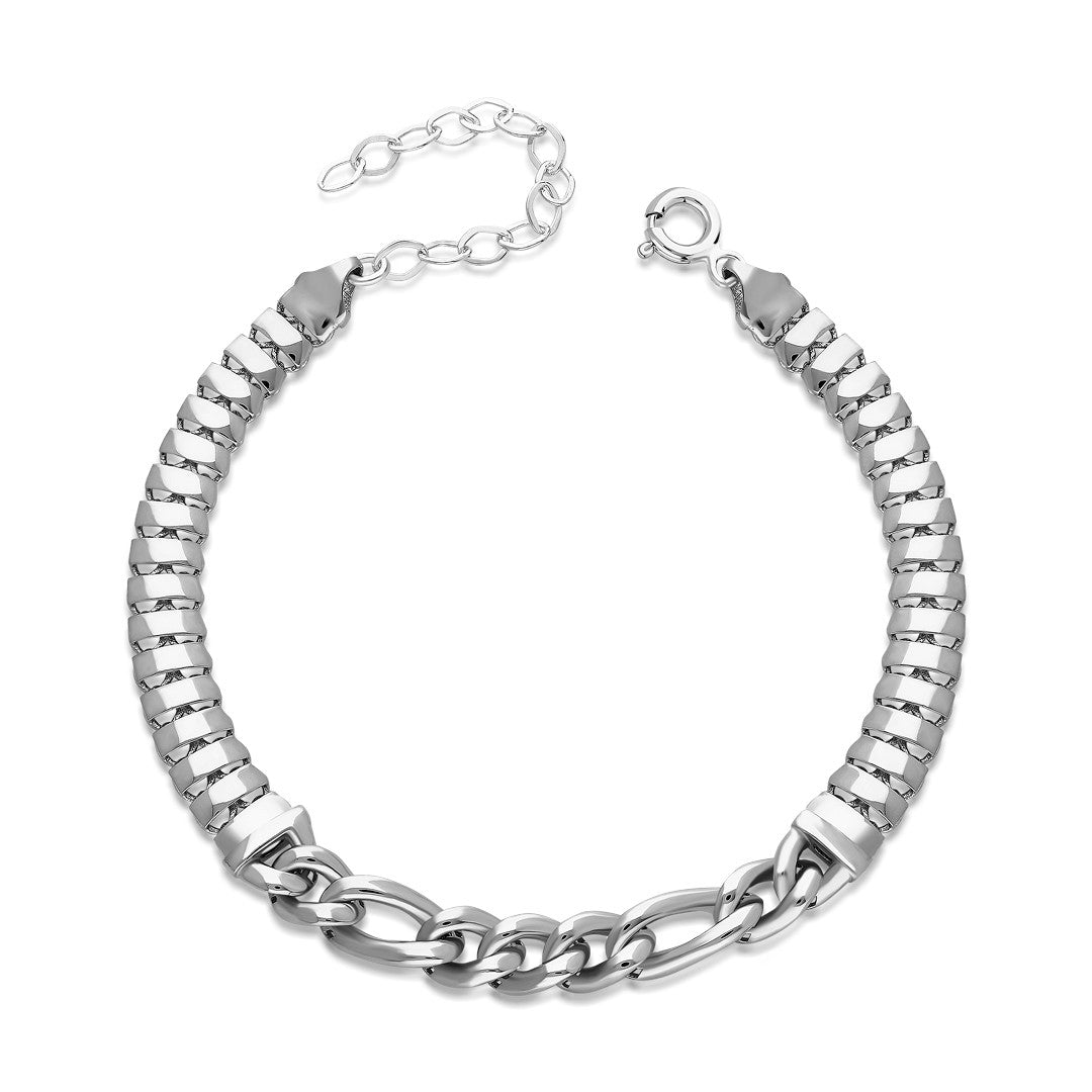 Herringbone Bracelet with Chain Detail - 925 SILVER
