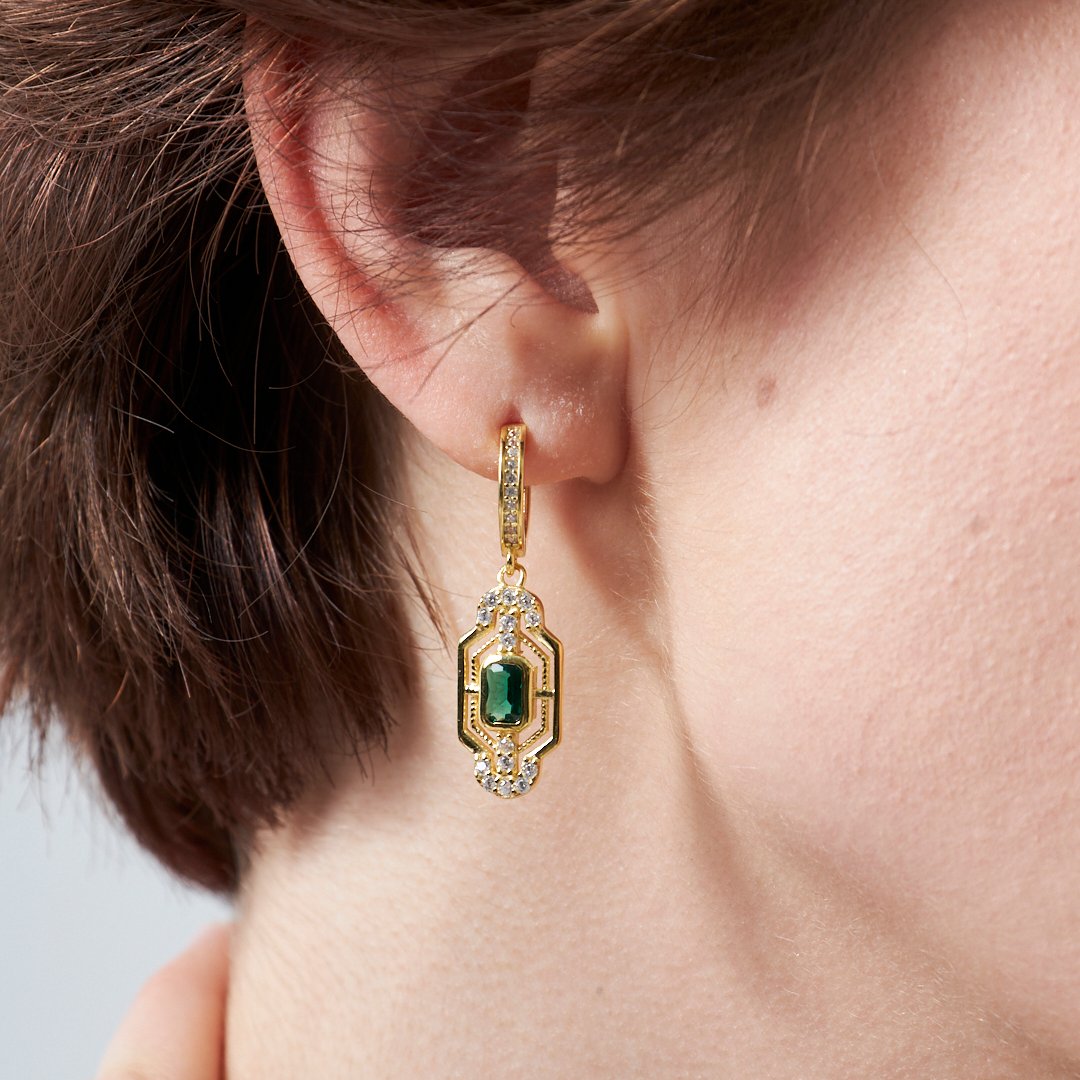 Green Baguette Stone Earrings - 925 Silver