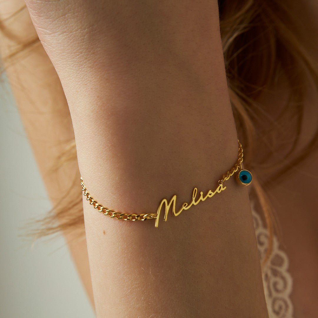 Evil Eye Bead Horizontal Signature Bracelet - 925 Silver