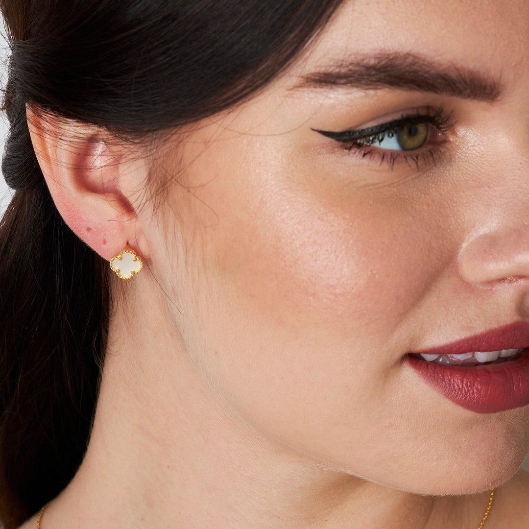 White Stone Clover Leaf Earrings - 925 SILVER