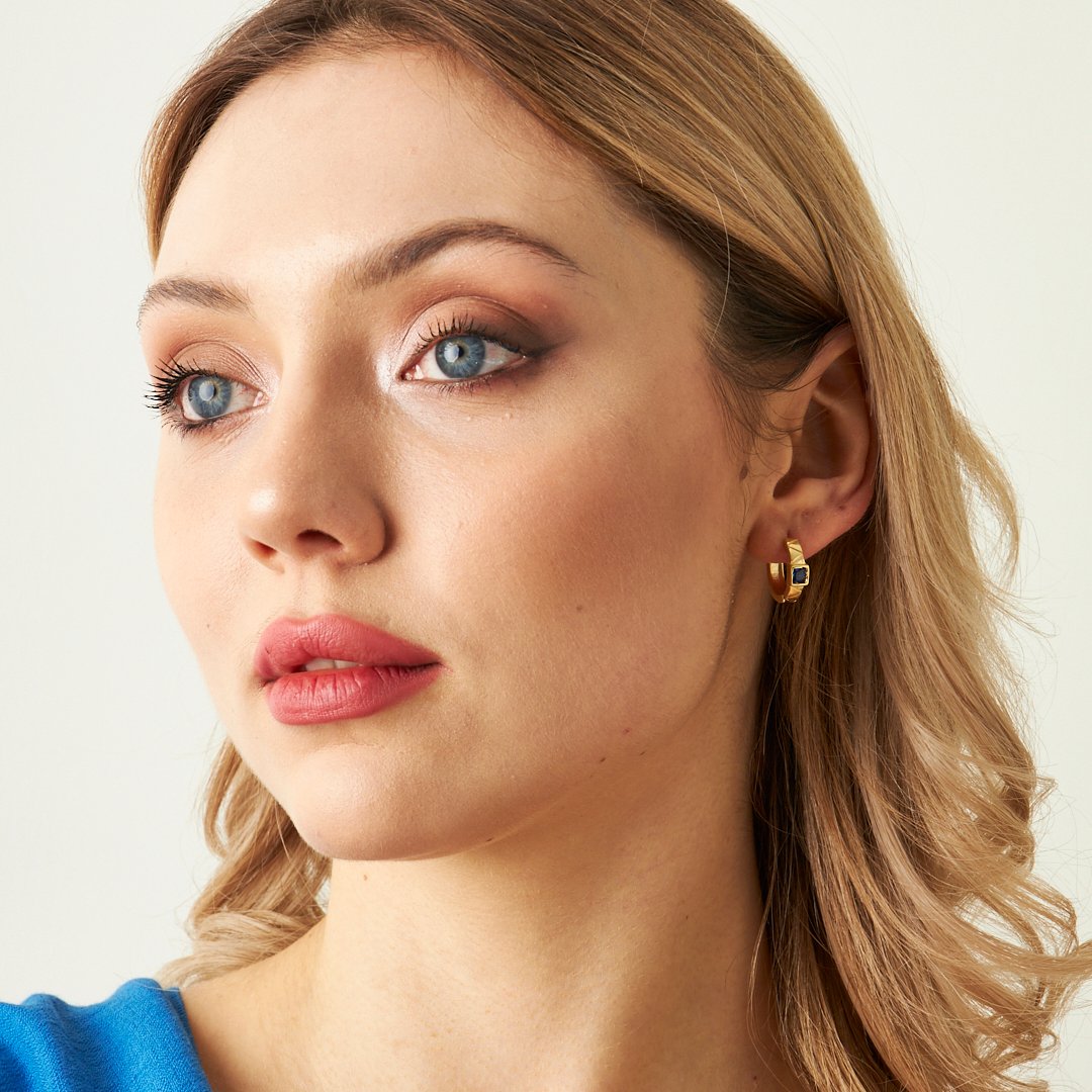 Navy Blue Stone Striped Hoop Earrings - 925 SILVER