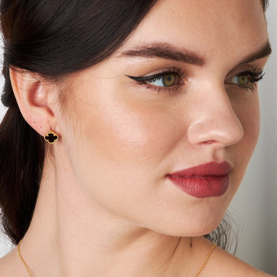 Black Stone Clover Leaf Earrings - 925 SILVER