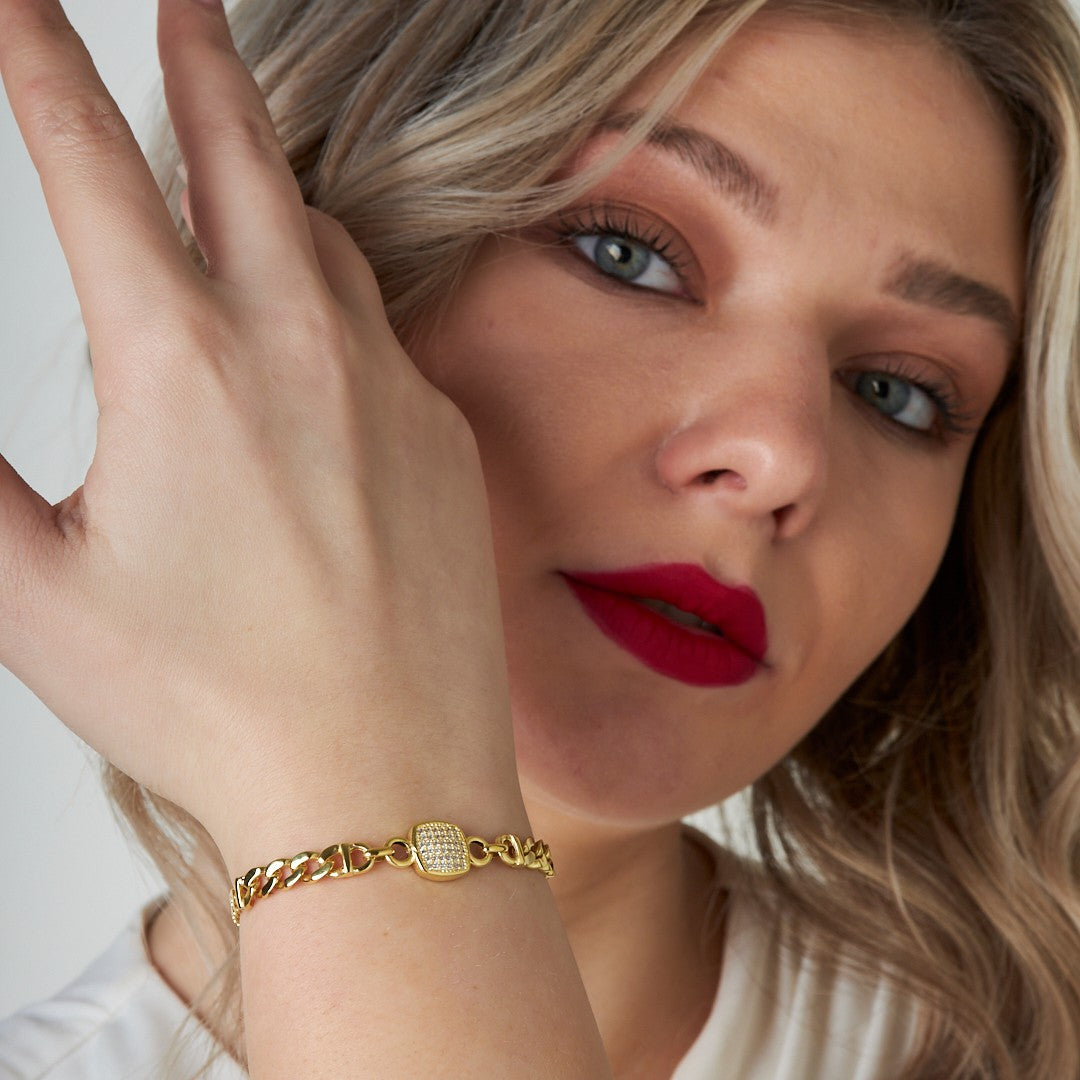 Square Two Chain Stone Bracelet - 925 SILVER