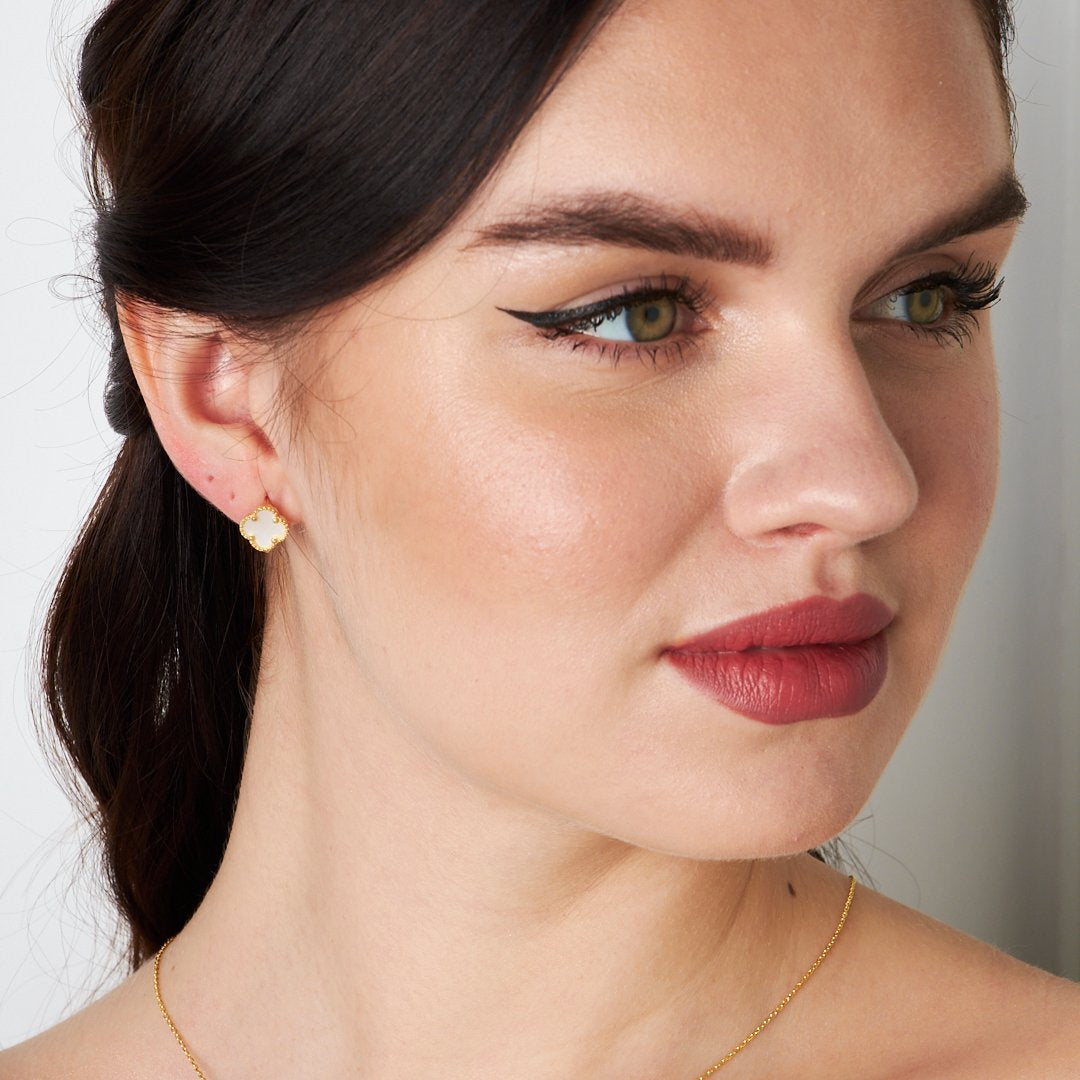 White Stone Clover Leaf Earrings - 925 SILVER