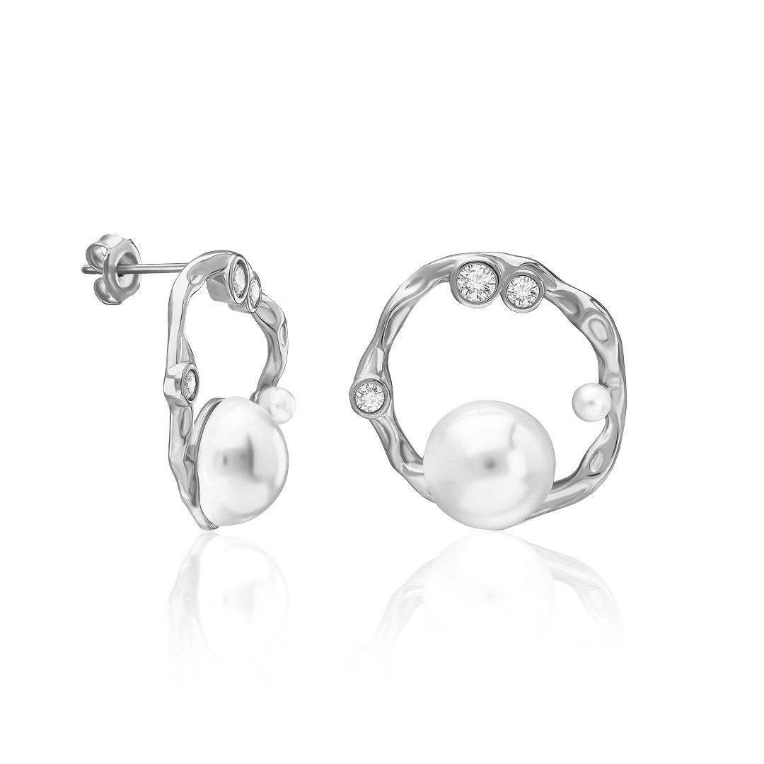 Large Pearl Stone Hoop Earrings - 925 SILVER