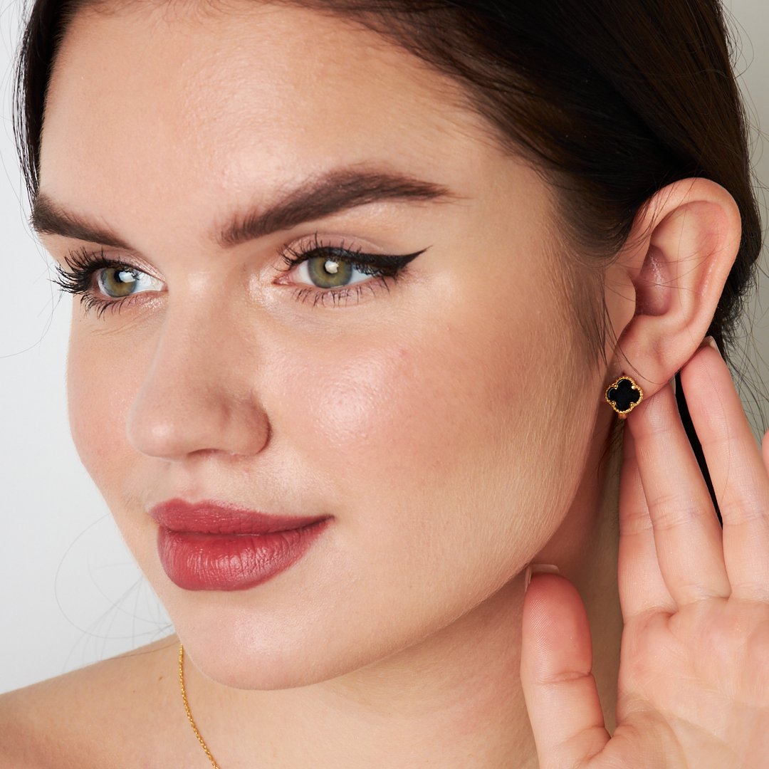 Black Stone Clover Leaf Earrings - 925 SILVER