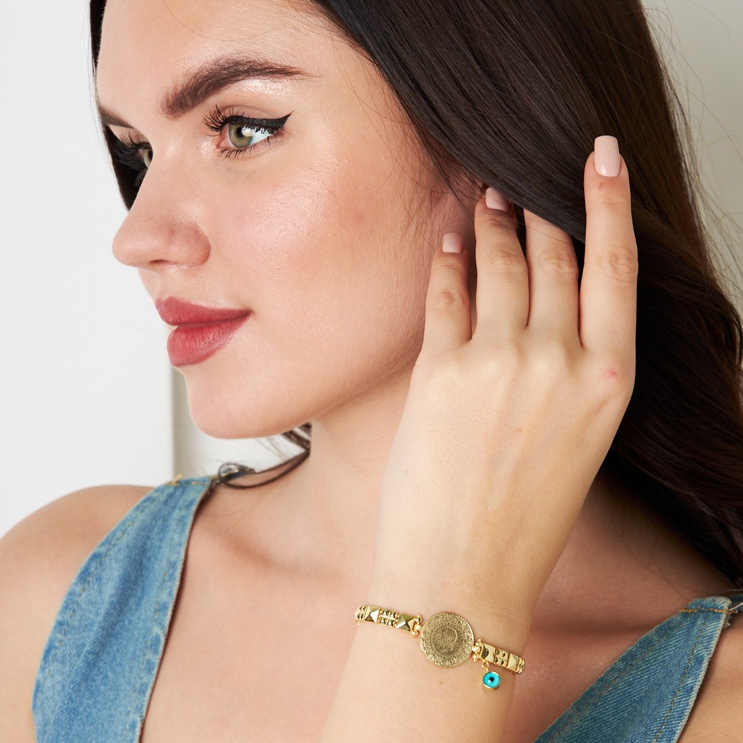 Evil Eye Bead Quarter Modern Chain Bracelet - 925 SILVER