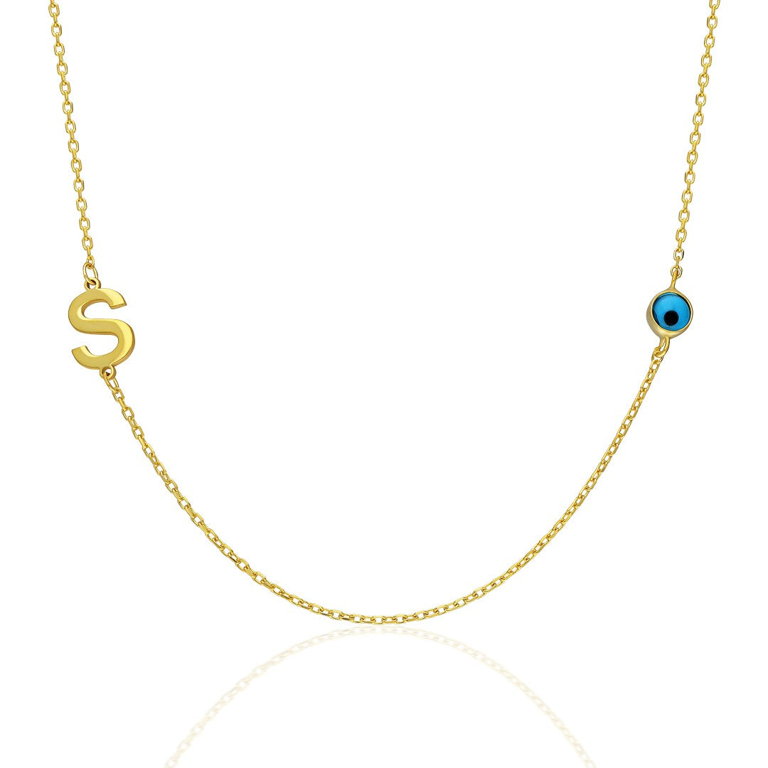 Evil Eye Side Letter Necklace - 925 SILVER