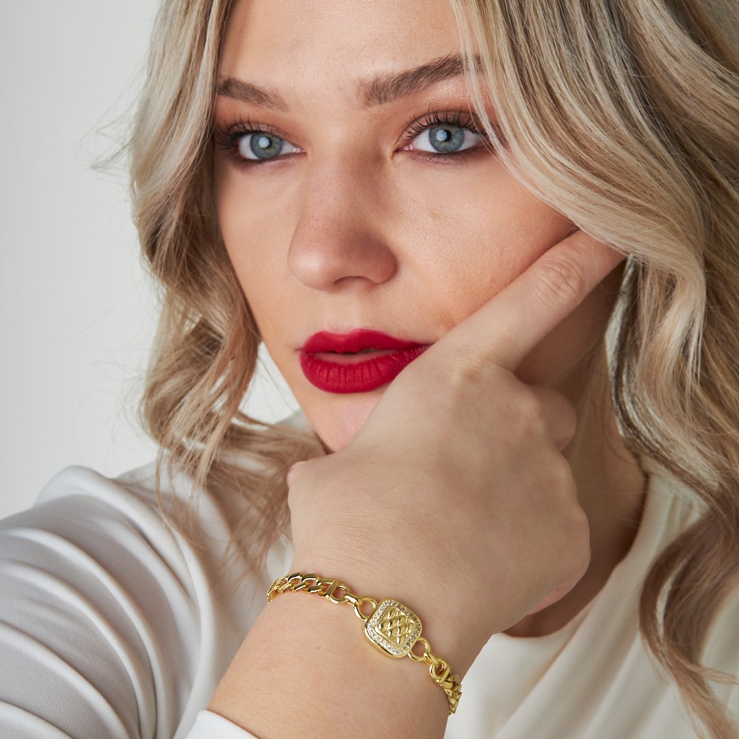 Square Stone Two Chain Bracelet - 925 SILVER