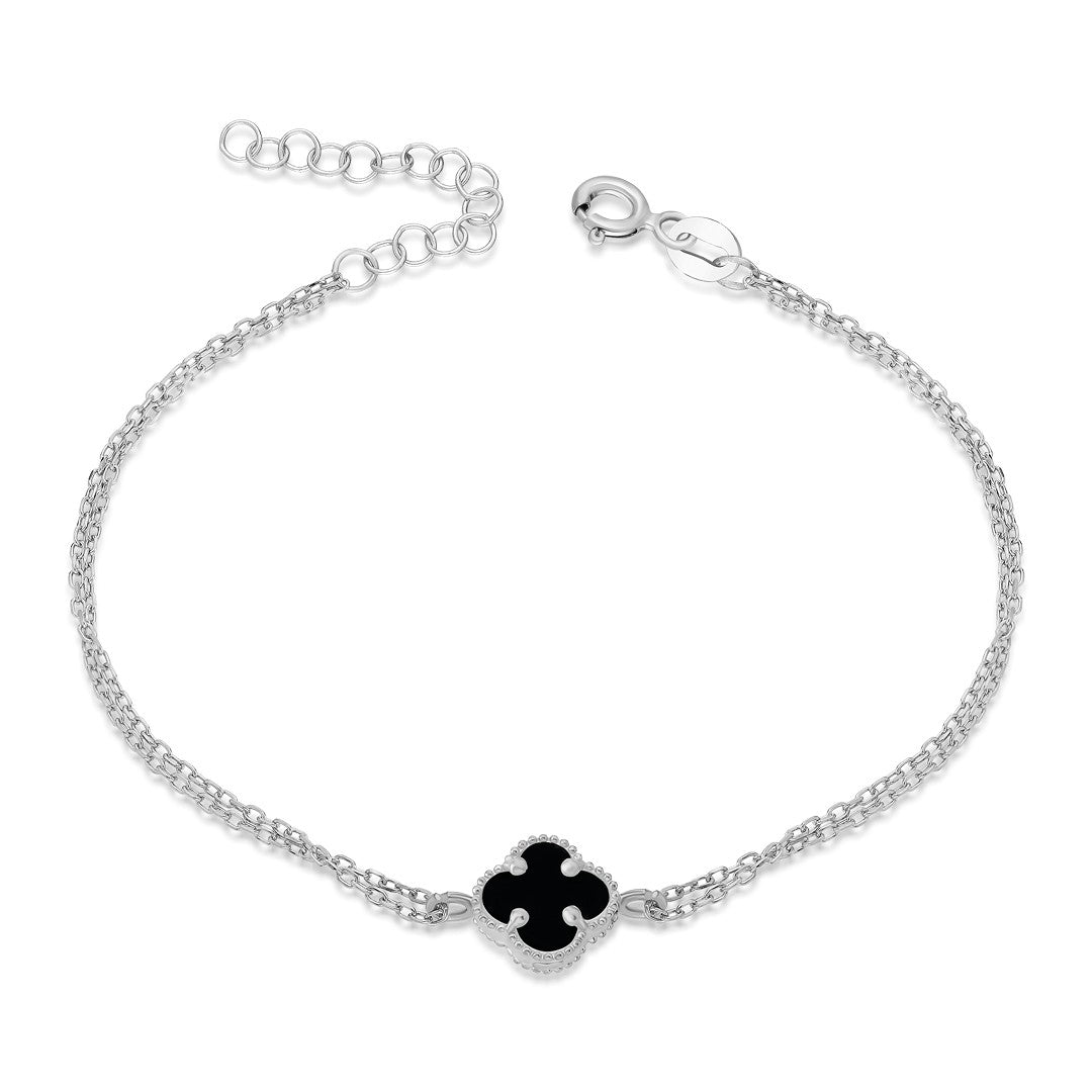 Black Stone Clover Leaf Bracelet - 925 SILVER