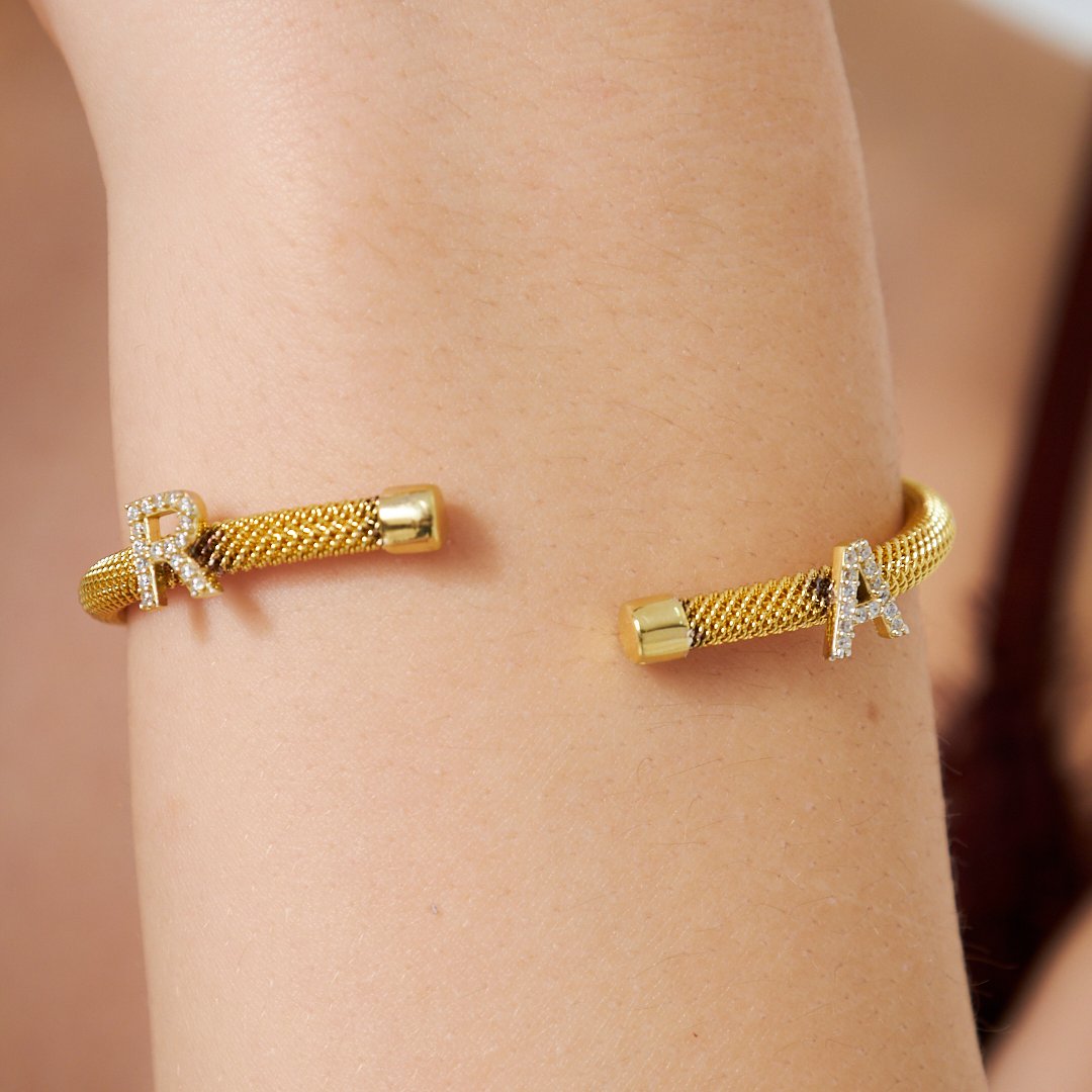 Stone and Lettered Wicker Bracelet - 925 SILVER