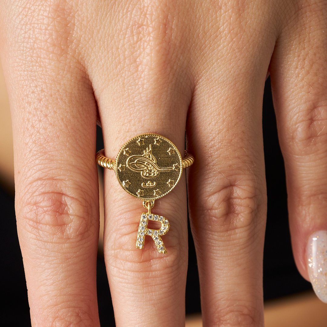Modeled quarter stone letter ring - 925 SILVER