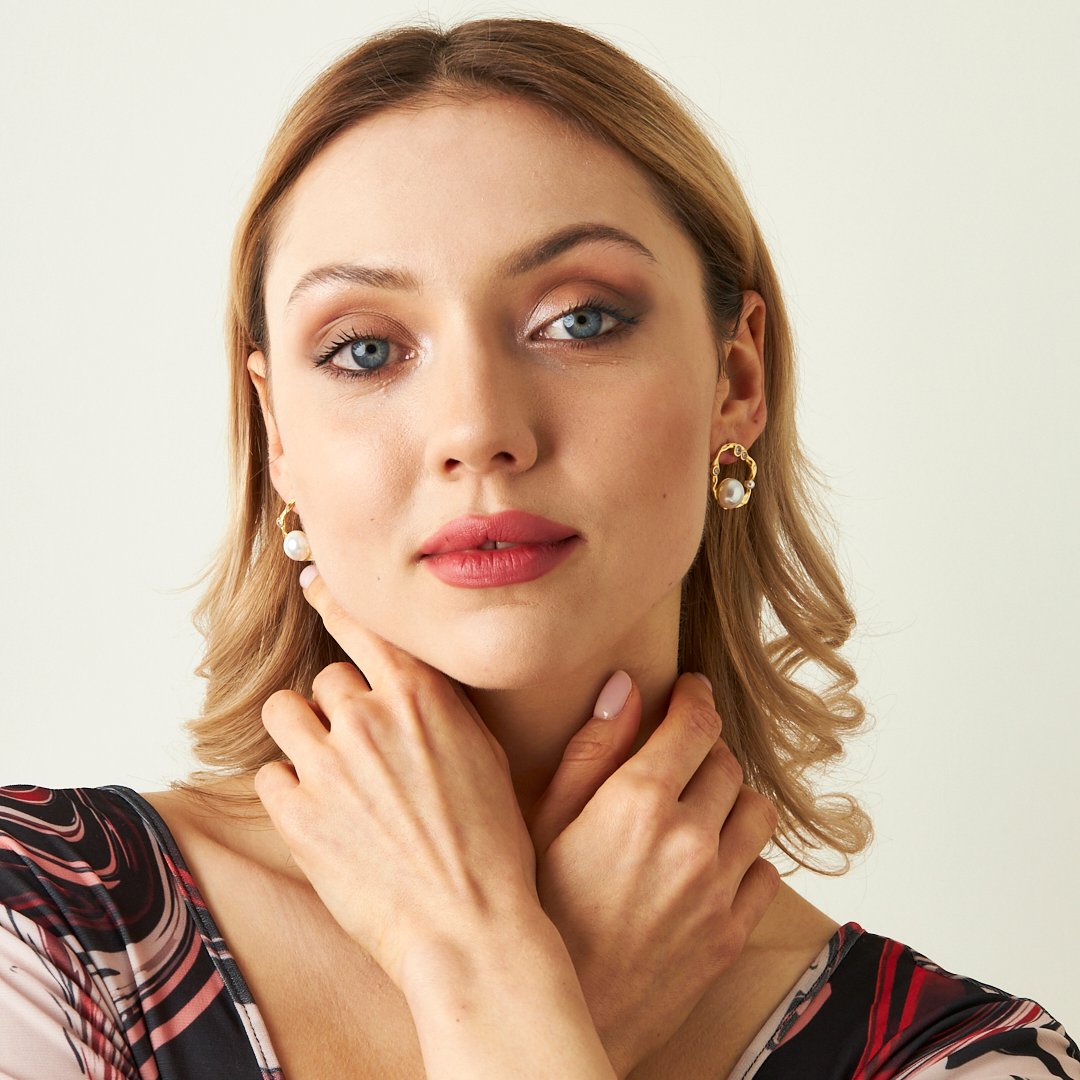 Large Pearl Stone Hoop Earrings - 925 SILVER