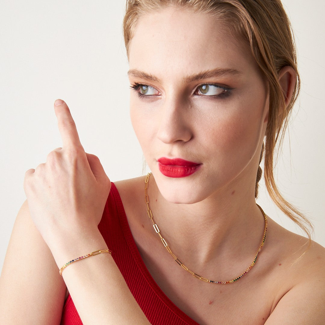 BUNTE ZIRKONIA KLAMMER KETTE SET | 925 SILBER