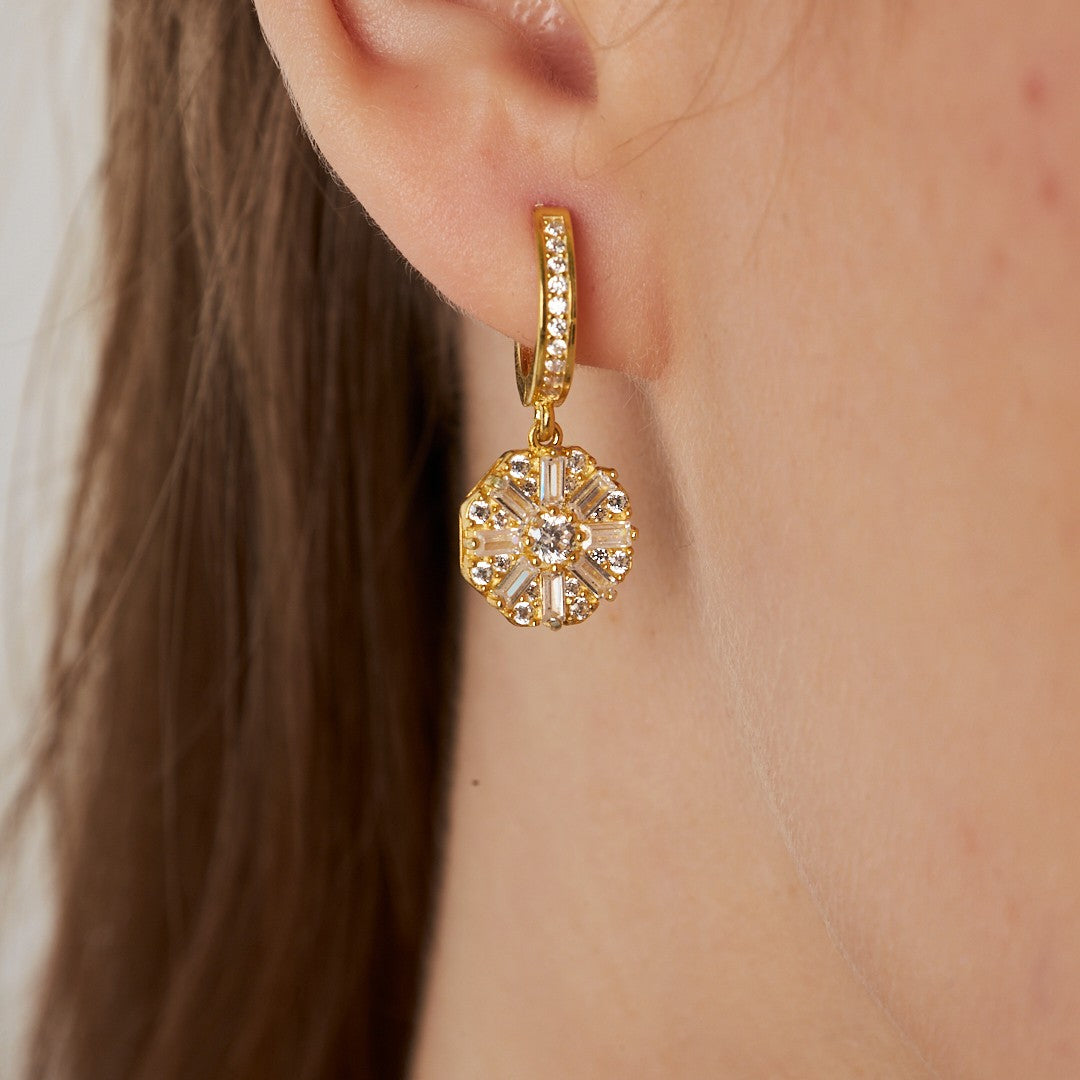 Baguette Stone Flower Pattern Earrings - 925 Silver