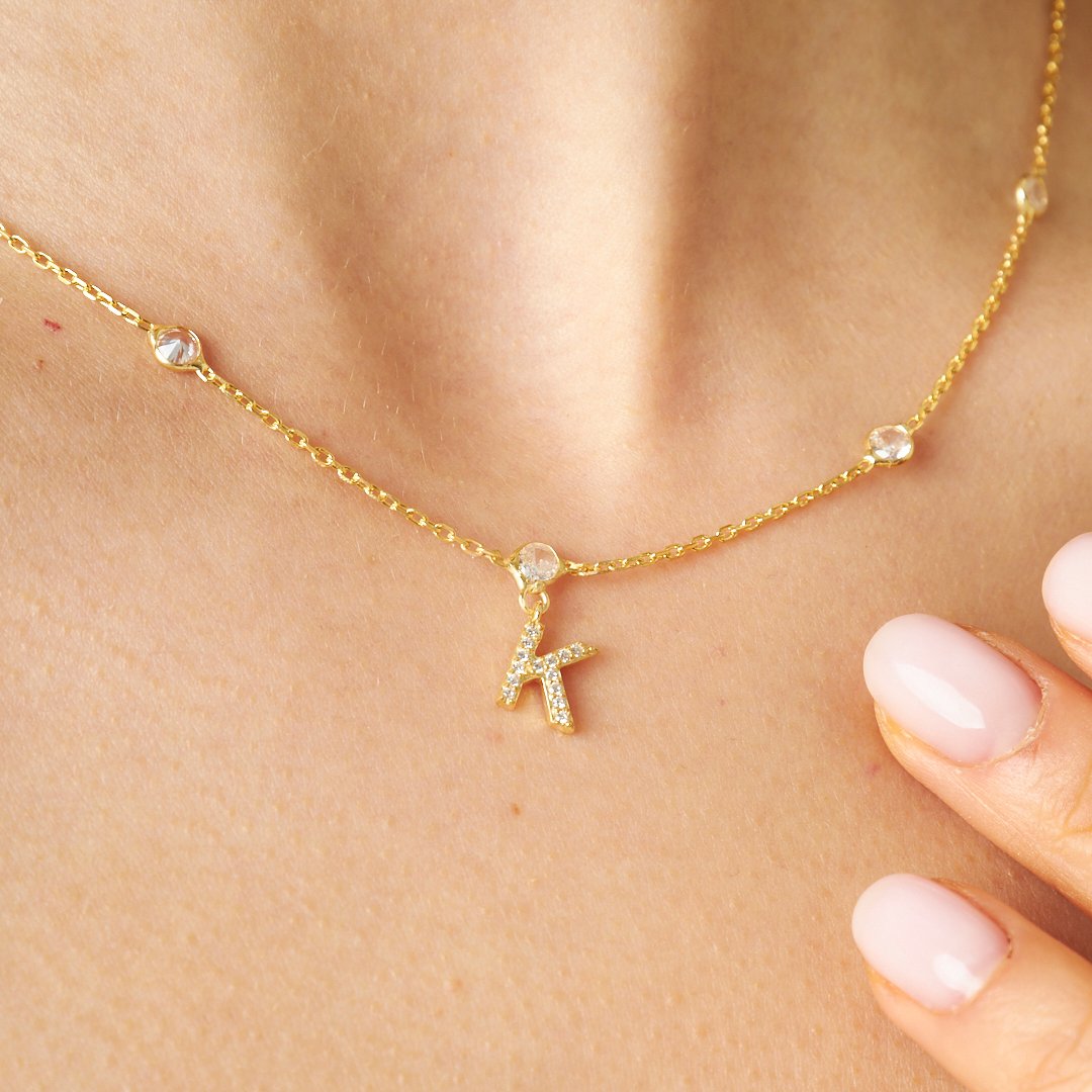 Shiny Stone Necklace Decorated with Letters - 925 SILVER