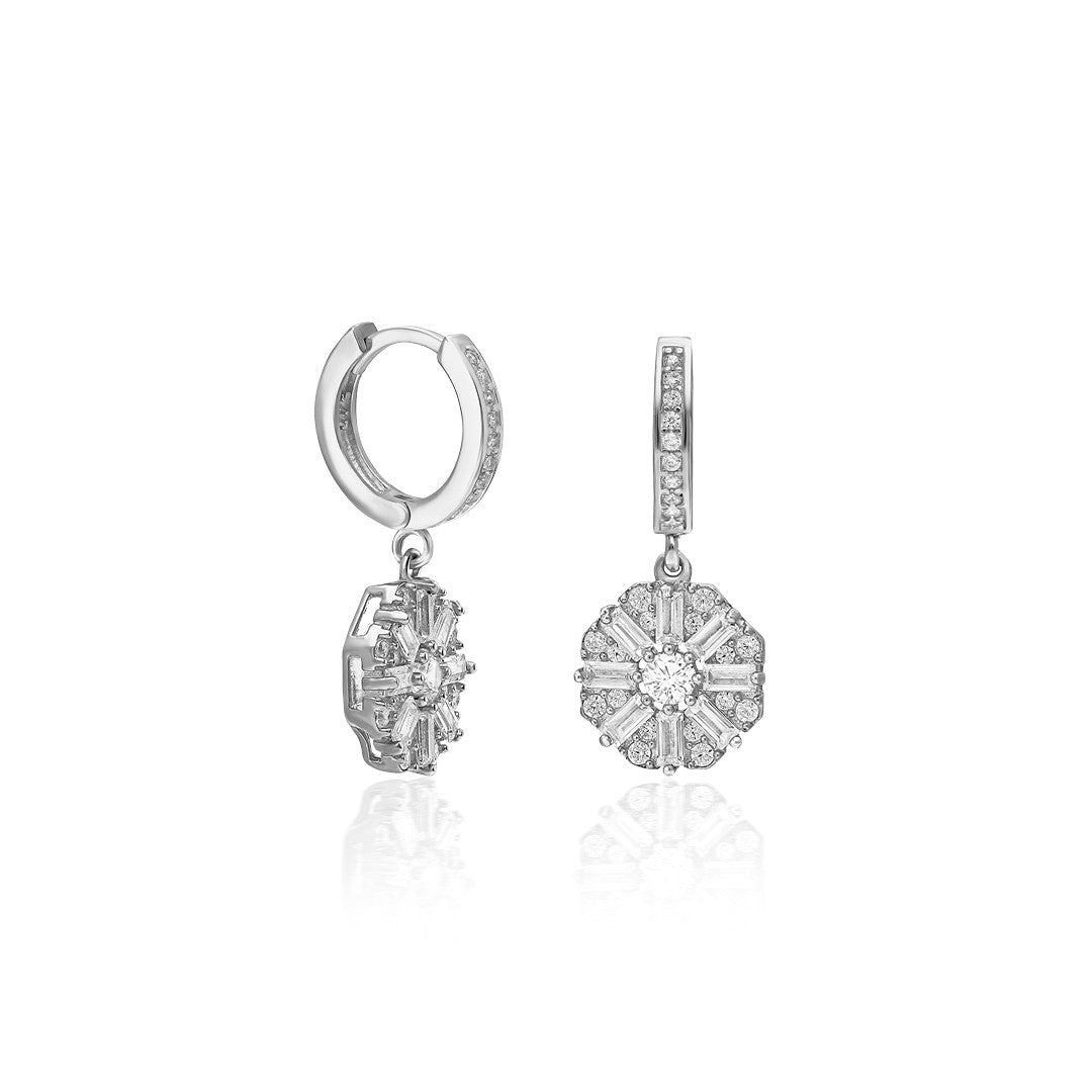 Baguette Stone Flower Pattern Earrings - 925 Silver