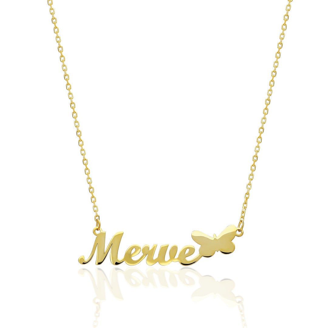 Horizontal Name Necklace with Butterfly Figure - 925 Silver