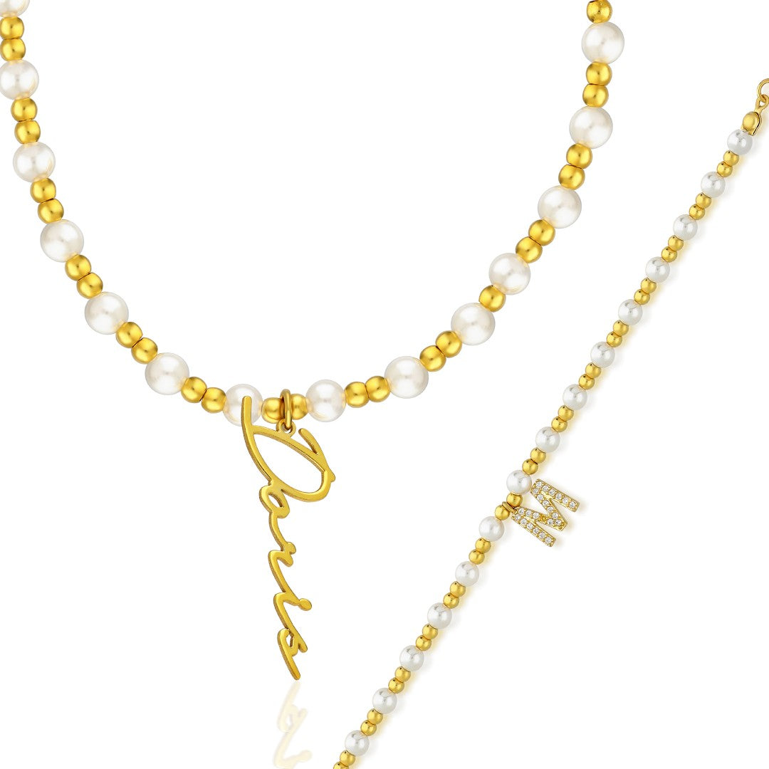 GOLD PERLEN NAMENS SET | 925 SILBER
