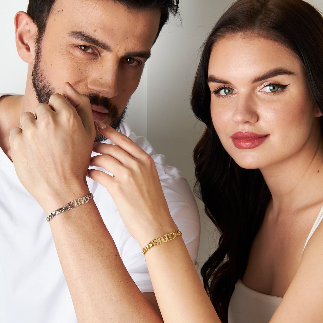 Cuban Chain Name Bracelet Set - 925 SILVER