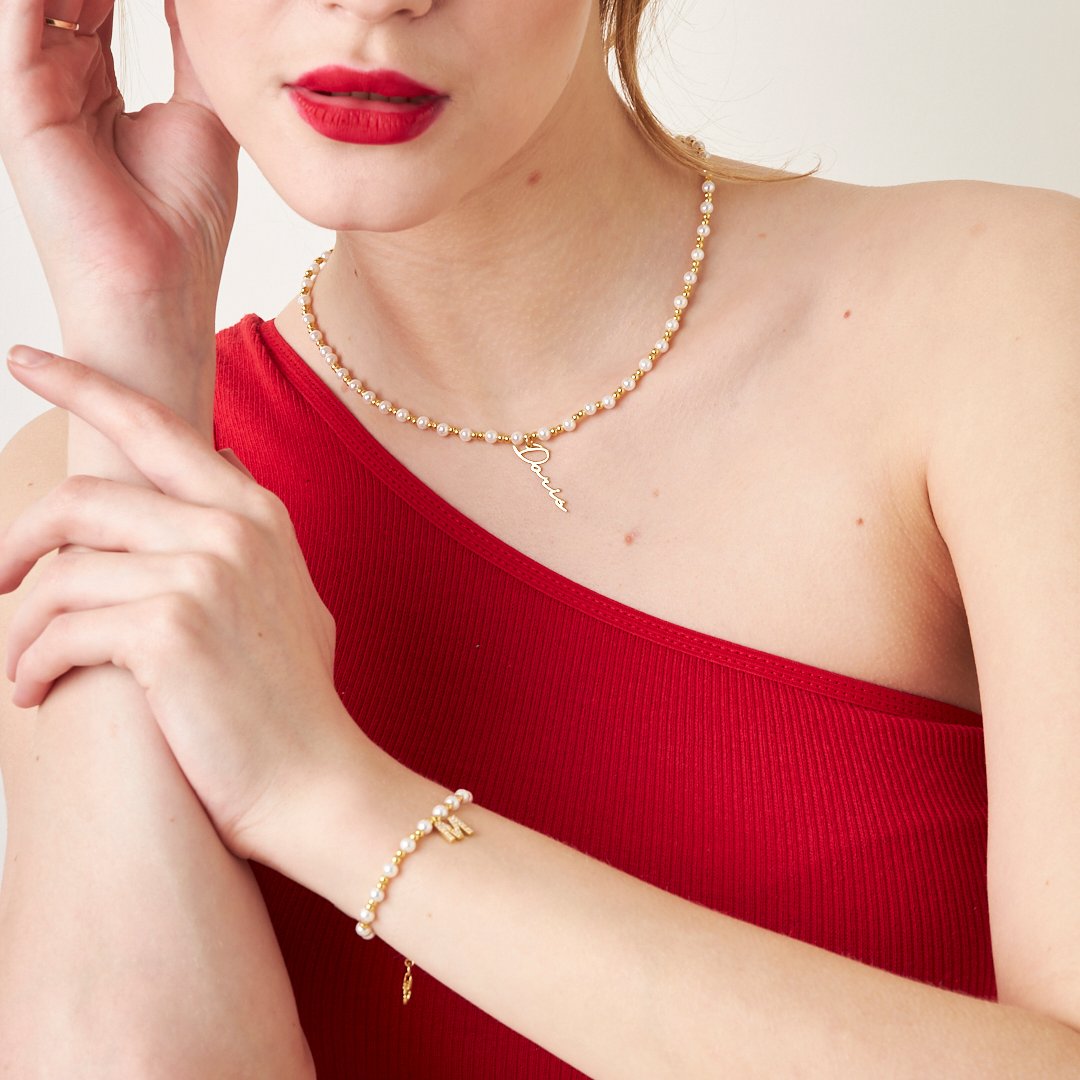 GOLD PERLEN NAMENS SET | 925 SILBER