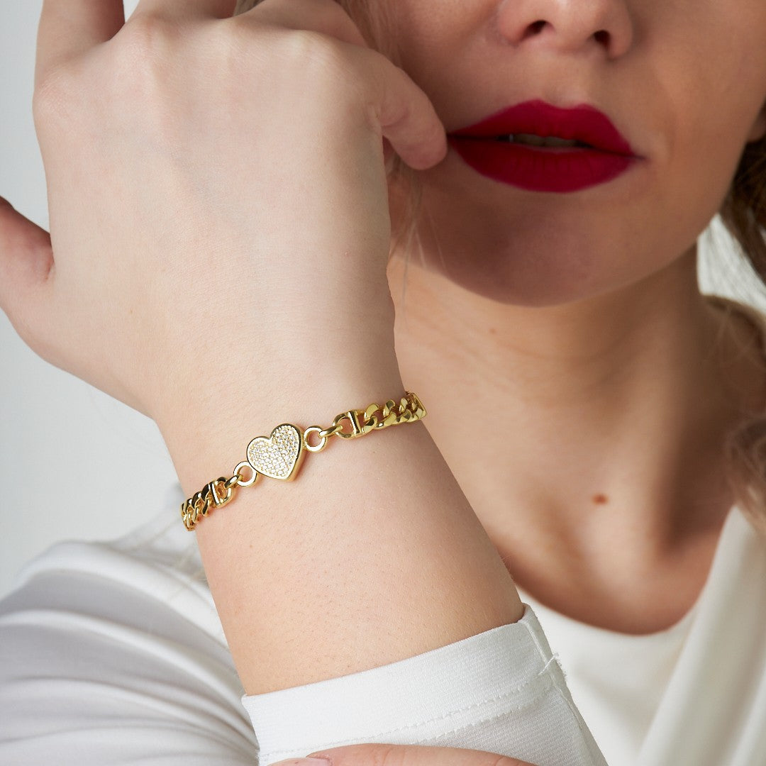 Double Chain Stone Heart Bracelet - 925 SILVER
