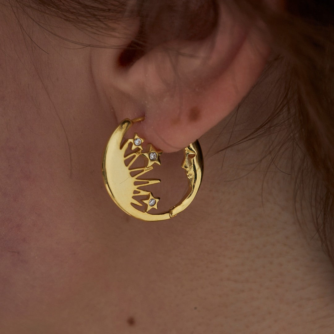 Moon Model Earrings with Star Details - 925 SILVER