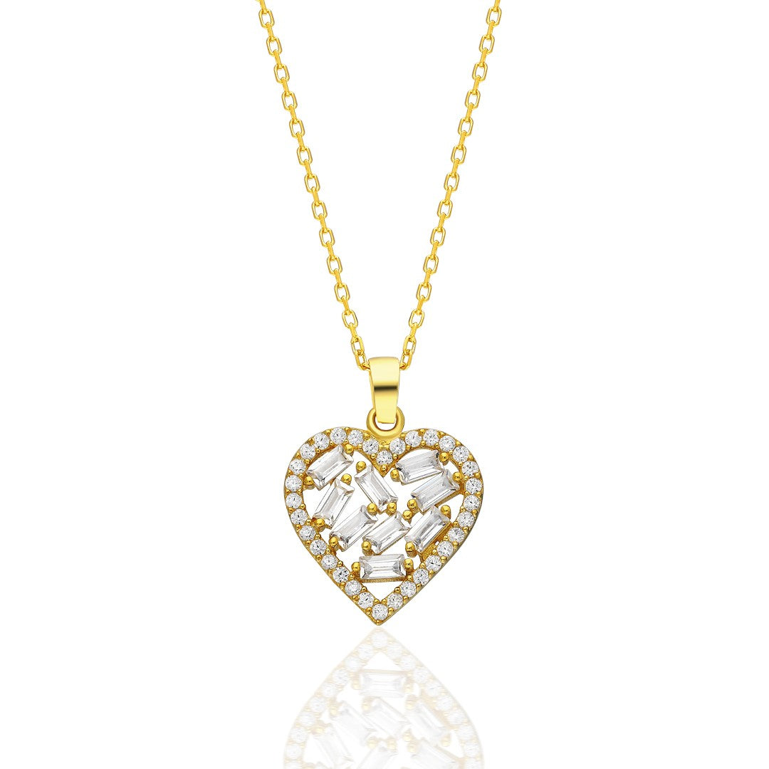 Glittering Baguette Stone Heart Necklace - 925 SILVER