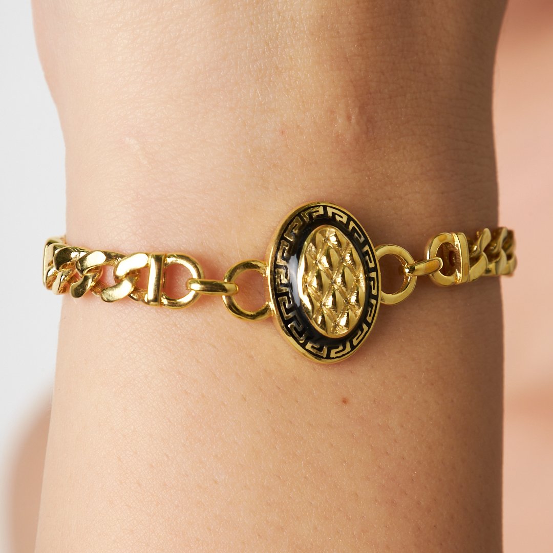 Black Oval Model with Double Chain Bracelet - 925 SILVER