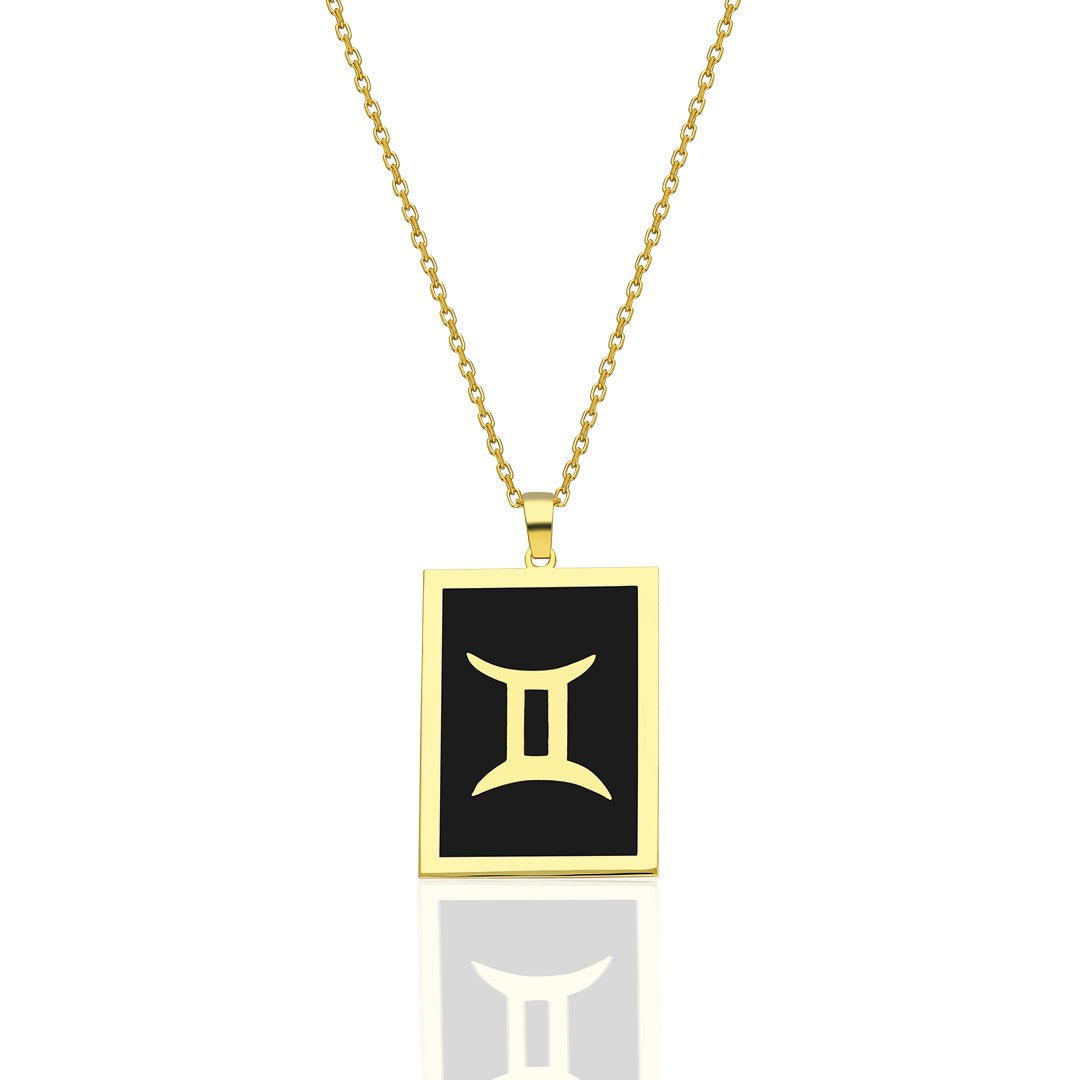 Black Rectangle Gemini Zodiac Necklace - 925 SILVER