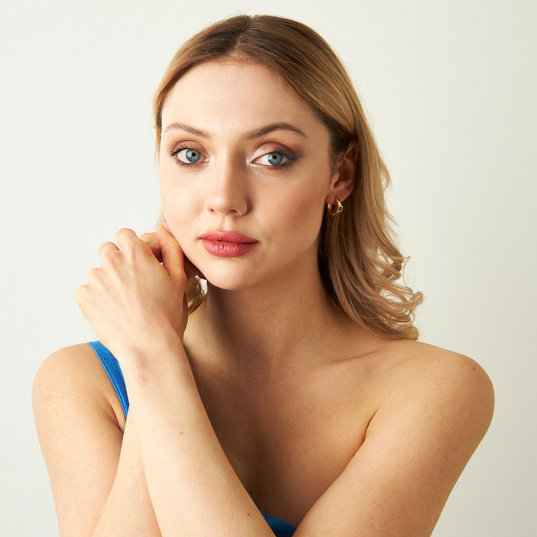 Navy Blue Stone Striped Hoop Earrings - 925 SILVER