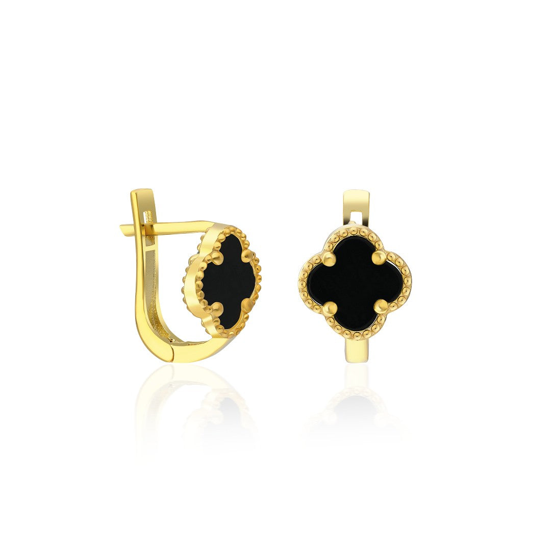 Black Stone Clover Leaf Earrings - 925 SILVER