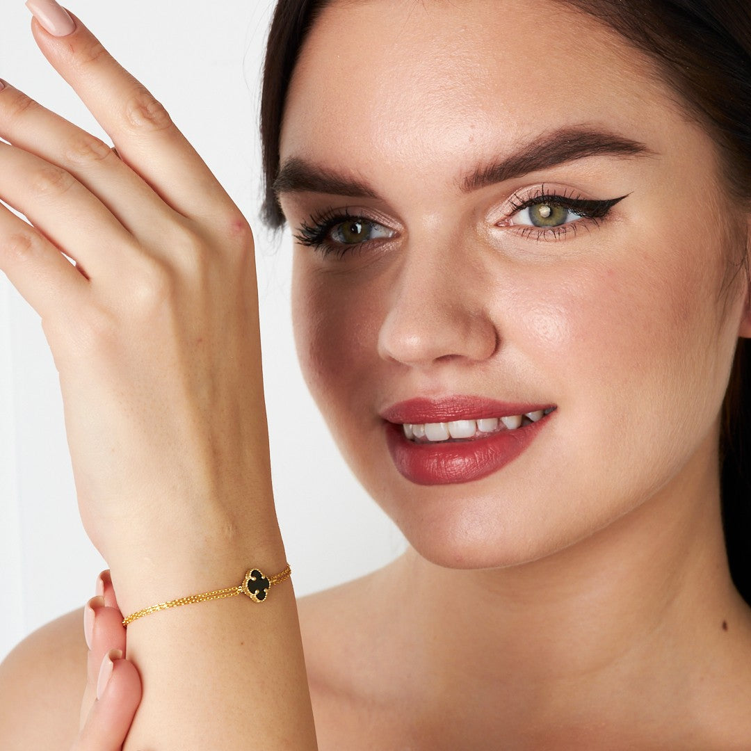 Black Stone Clover Leaf Bracelet - 925 SILVER