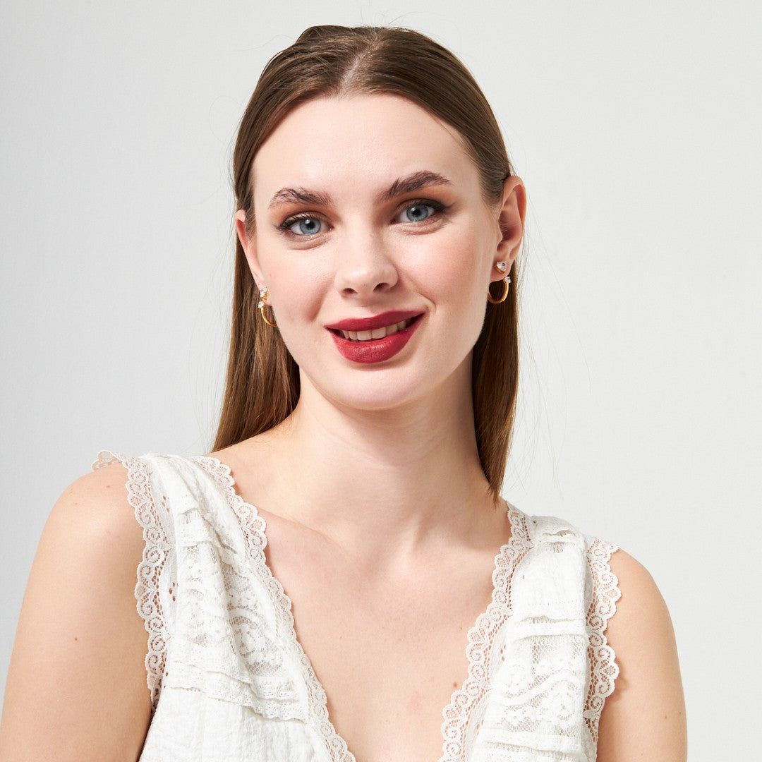 Minimal Half Earring with Heart Stone - 925 SILVER