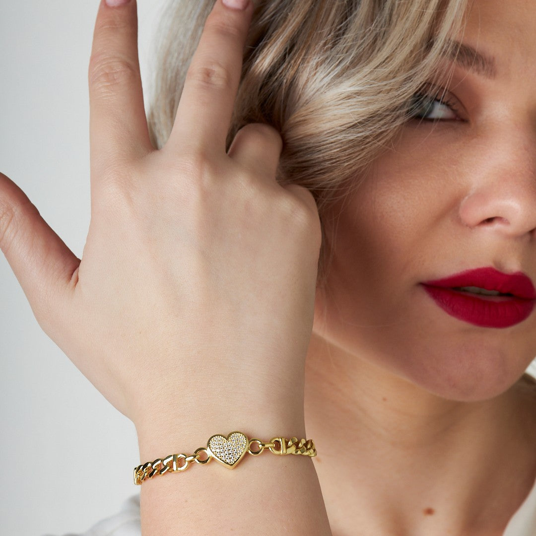 Double Chain Stone Heart Bracelet - 925 SILVER