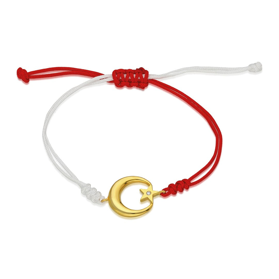 Red and White Rope Bracelet with Star and Crescent - 925 Silver