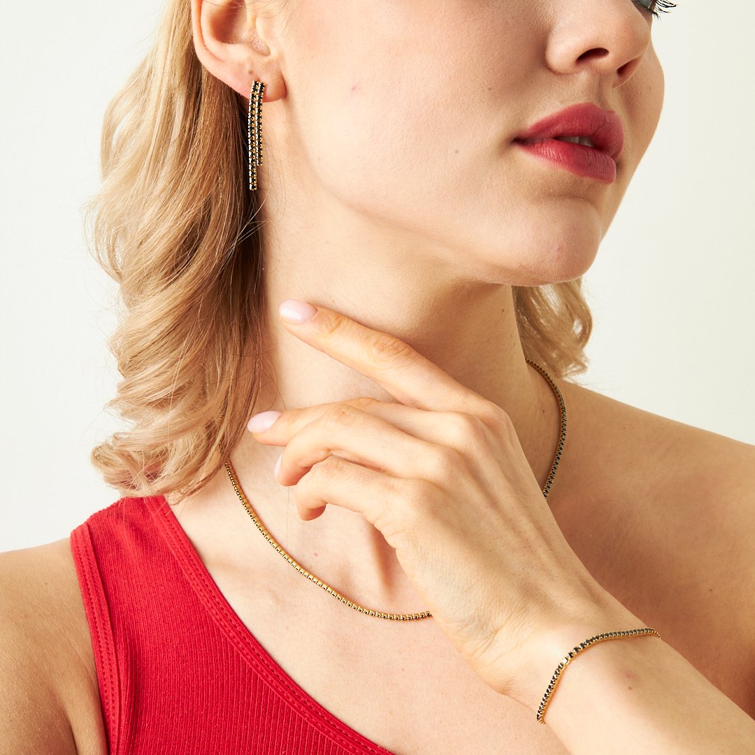 HALSKETTE MIT SCHWARZE STEIN SET | 925 SILBER