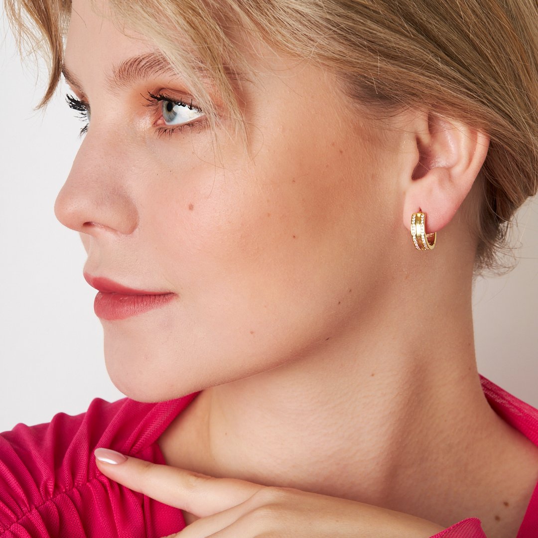 Triple Stone Detailed Hoop Earrings - 925 SILVER