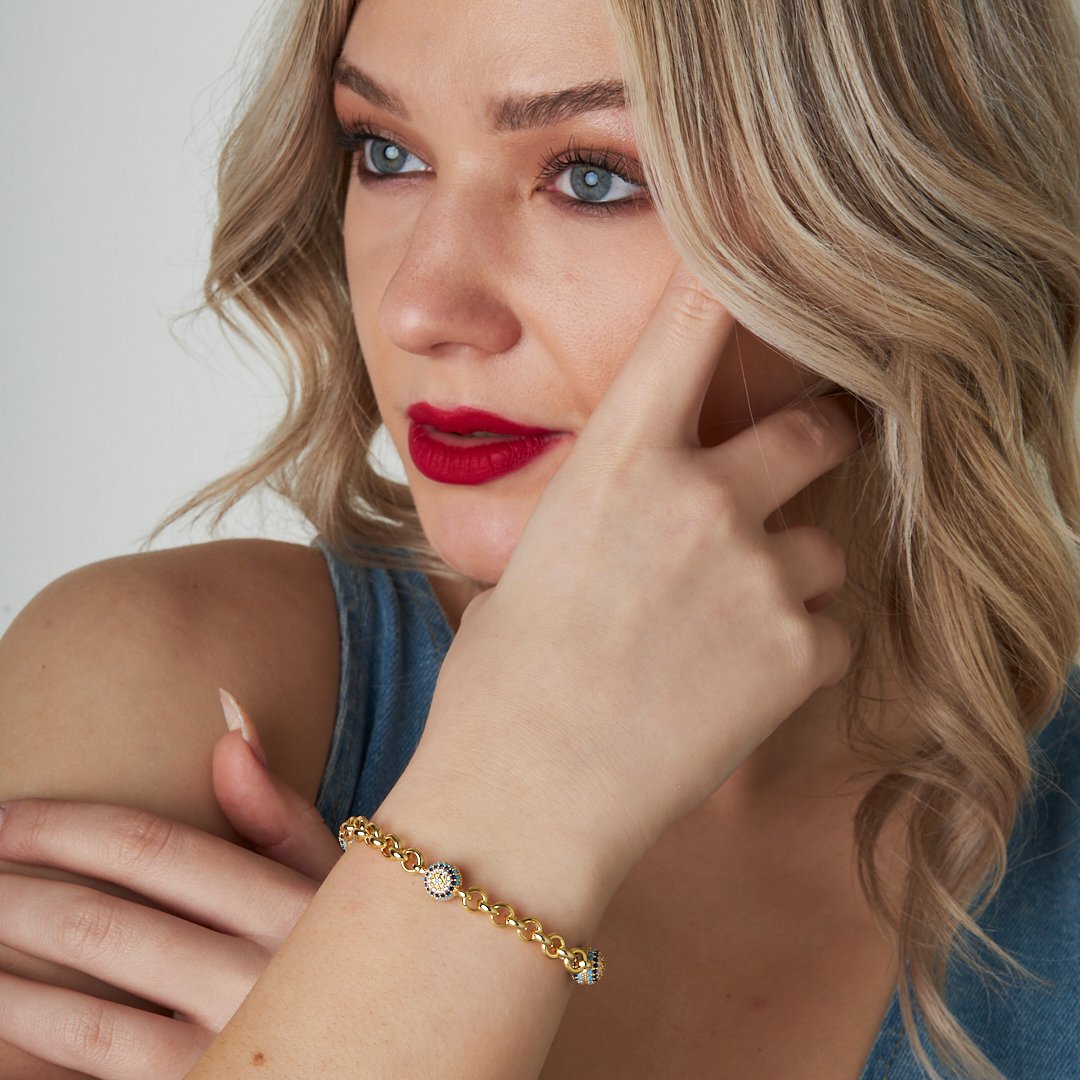 Thick Chain Stone Evil Eye Bracelet - 925 SILVER