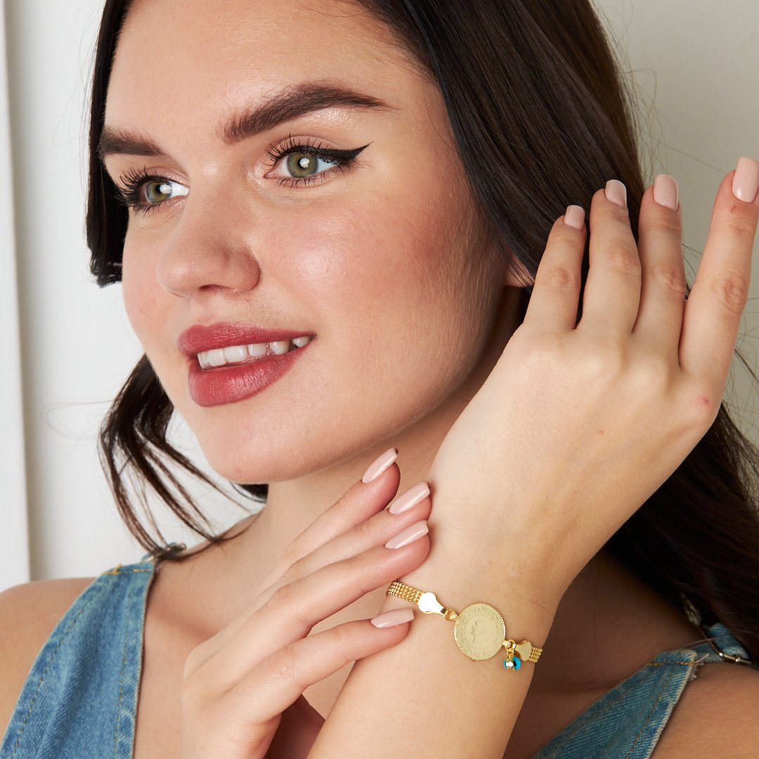 Evil Eye Bead Quarter Ball Chain Bracelet - 925 SILVER