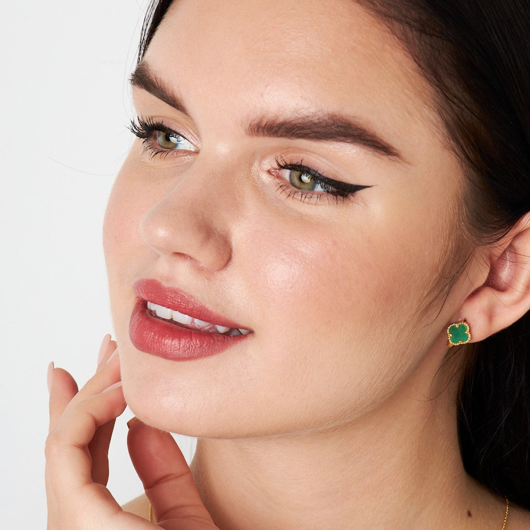 Green Stone Clover Leaf Earrings - 925 SILVER