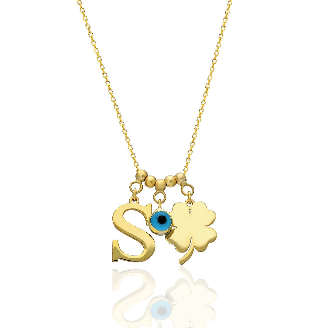 Evil Eye Clover Leaf Single Letter Necklace - 925 SILVER