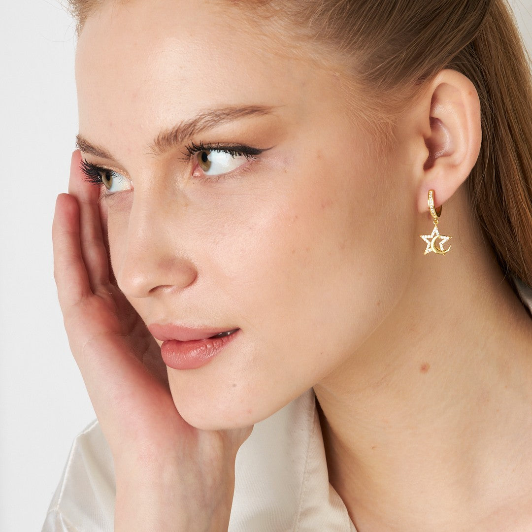 Crescent Moon Star Stone Earrings - 925 SILVER