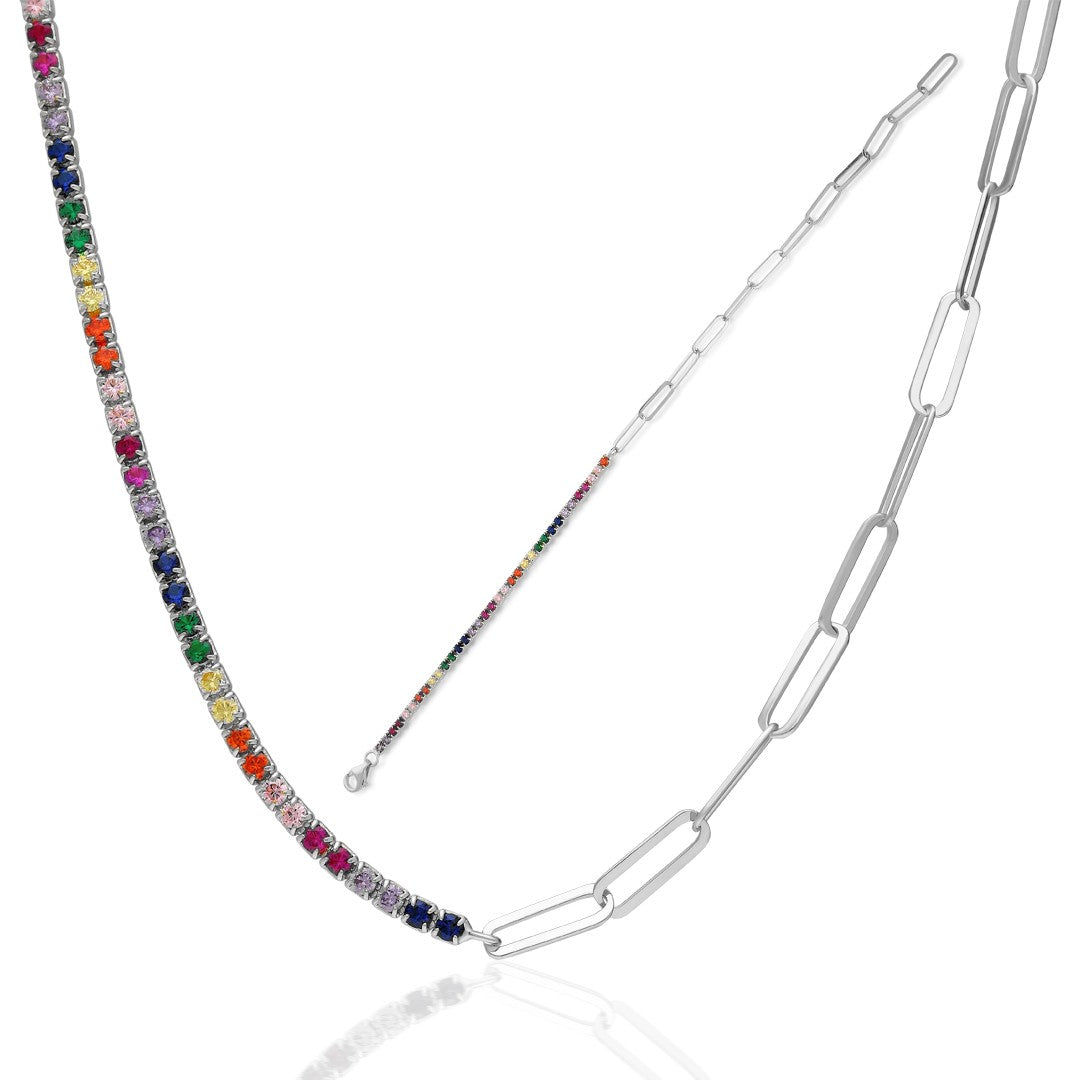 BUNTE ZIRKONIA KLAMMER KETTE SET | 925 SILBER