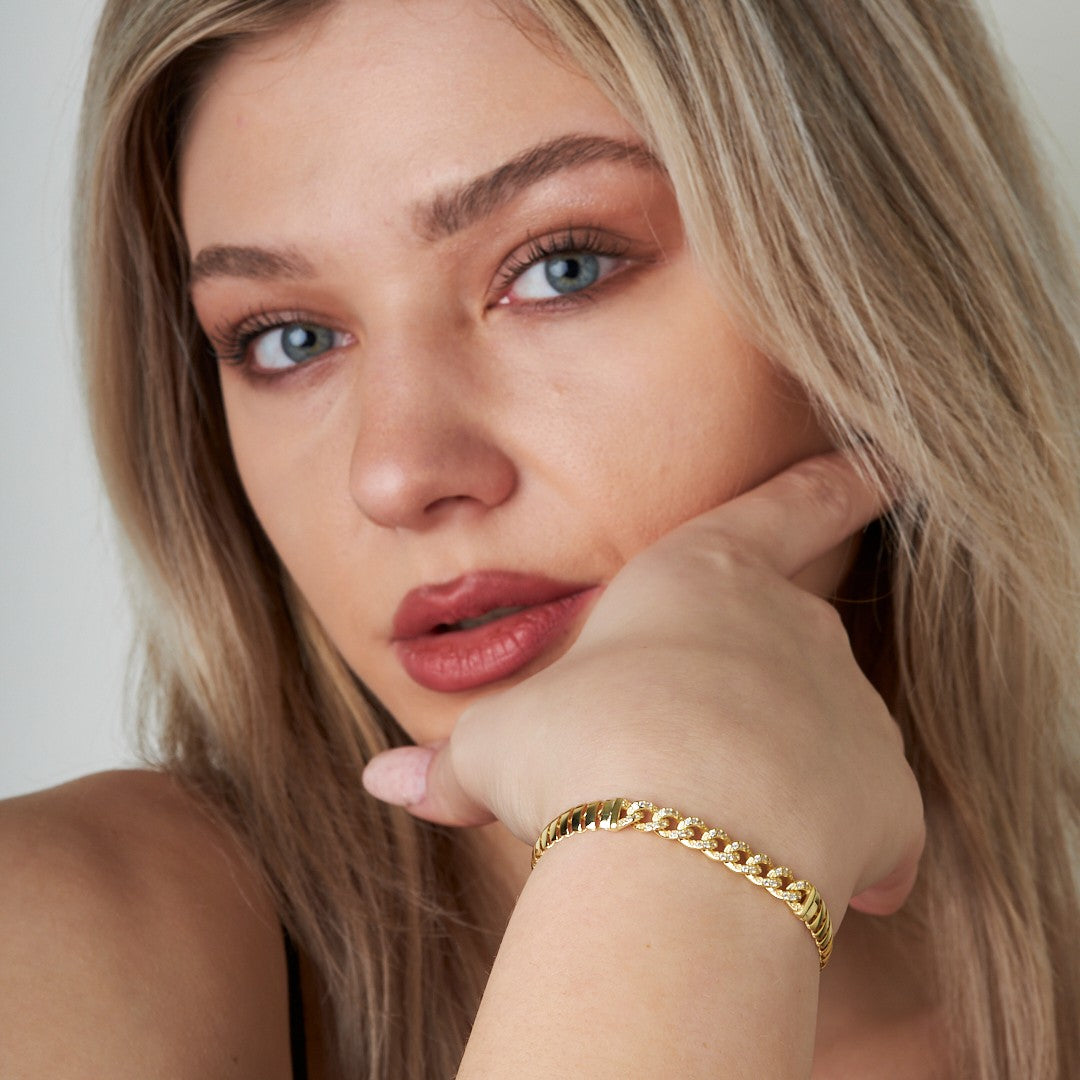 Herringbone Chain and Stone Gourmet Bracelet - 925 SILVER